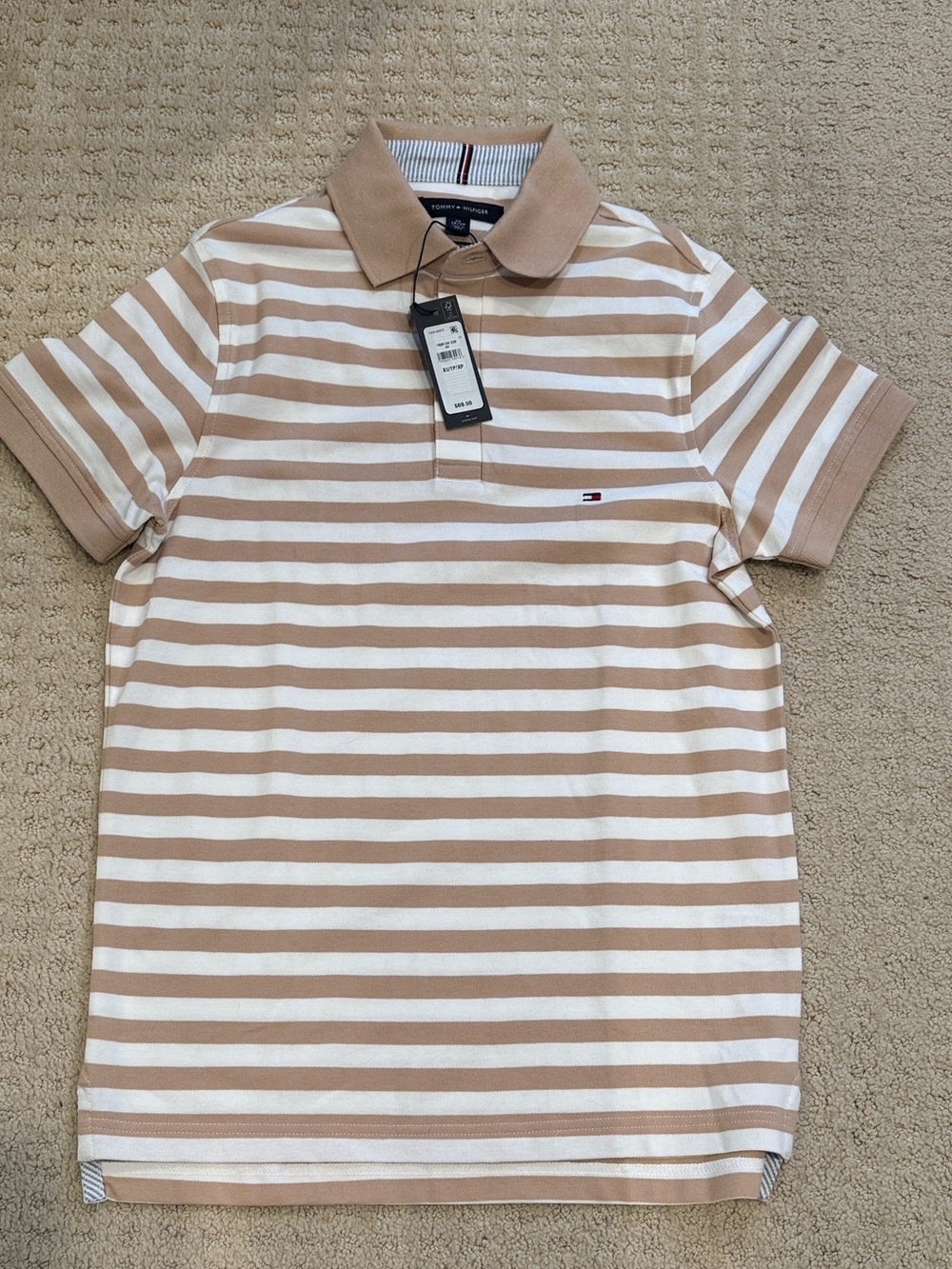Tommy Hilfiger Beige and White Striped Polo Cotton Shirt Size XS NWT